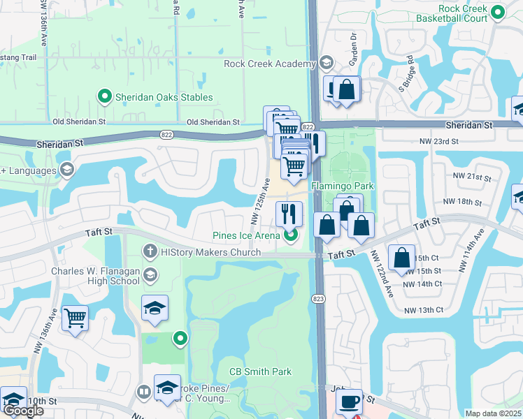 map of restaurants, bars, coffee shops, grocery stores, and more near 1764 Northwest 124th Avenue in Pembroke Pines