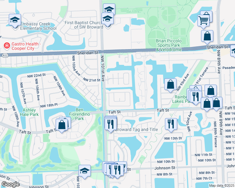 map of restaurants, bars, coffee shops, grocery stores, and more near 9914 Northwest 20th Street in Pembroke Pines