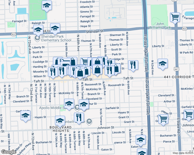 map of restaurants, bars, coffee shops, grocery stores, and more near 6621 Taft Street in Hollywood