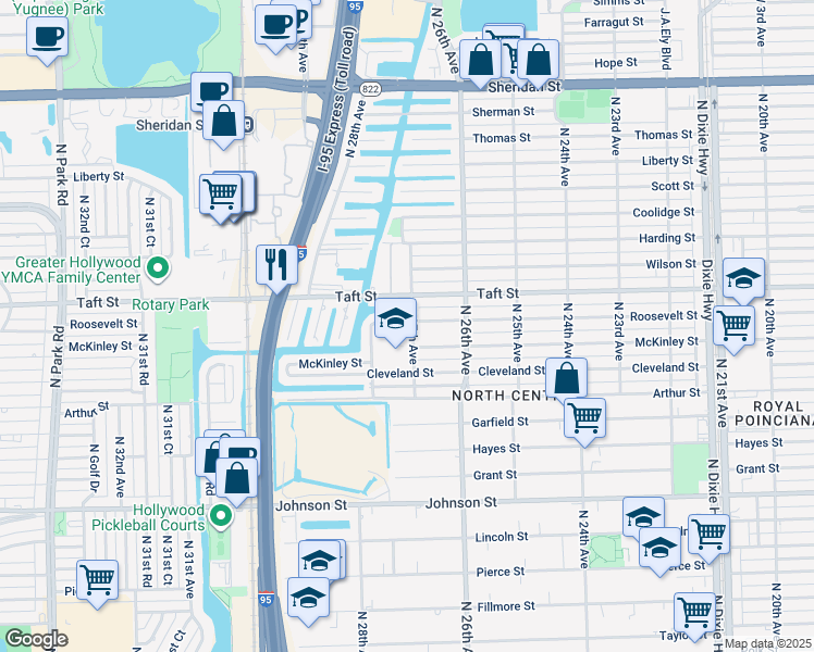 map of restaurants, bars, coffee shops, grocery stores, and more near 2700 Roosevelt Street in Hollywood