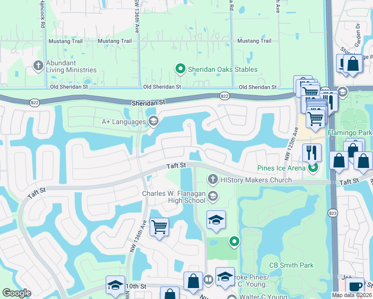 map of restaurants, bars, coffee shops, grocery stores, and more near 1843 Northwest 131st Avenue in Pembroke Pines