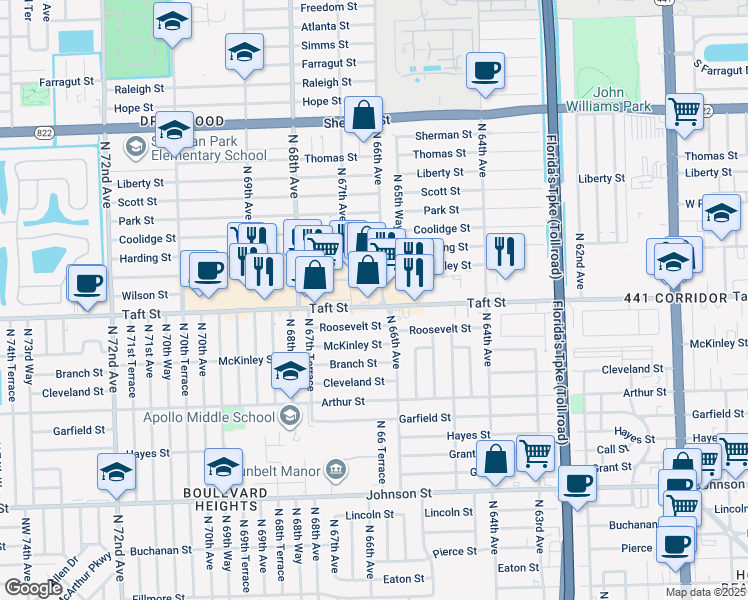map of restaurants, bars, coffee shops, grocery stores, and more near 6621 Taft Street in Hollywood