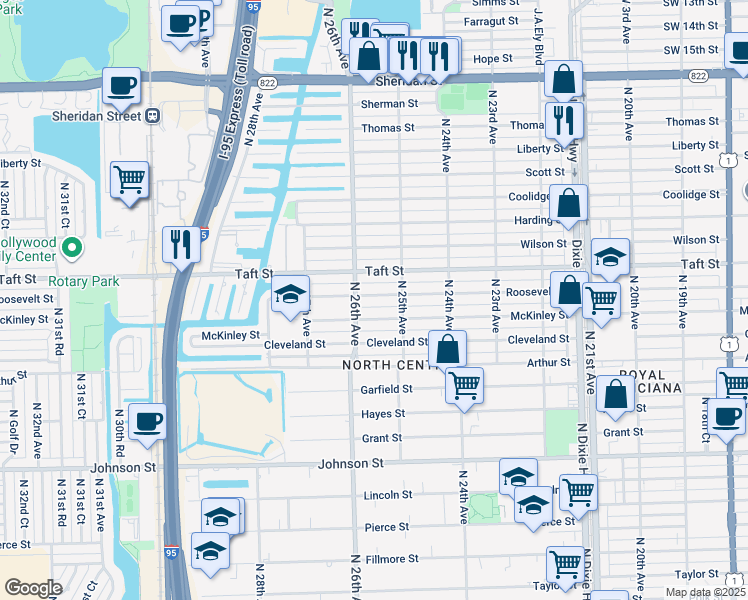 map of restaurants, bars, coffee shops, grocery stores, and more near 2530 Roosevelt Street in Hollywood