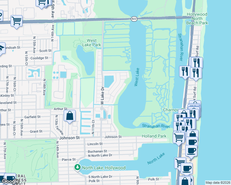 map of restaurants, bars, coffee shops, grocery stores, and more near 1571 Weeping Willow Way in Hollywood