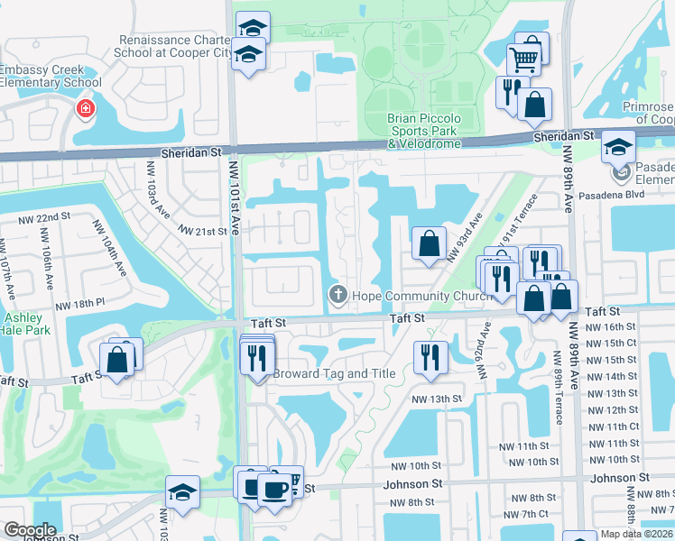 map of restaurants, bars, coffee shops, grocery stores, and more near 1800 Bayberry Drive in Pembroke Pines