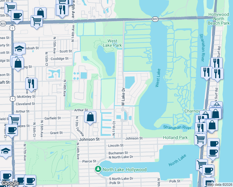 map of restaurants, bars, coffee shops, grocery stores, and more near 1130 Lyontree Street in Hollywood