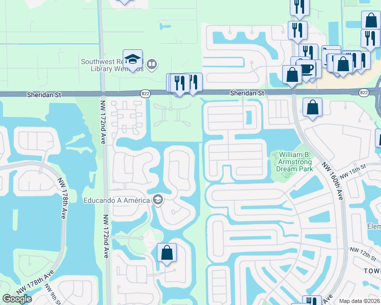 map of restaurants, bars, coffee shops, grocery stores, and more near 16713 Northwest 20th Street in Pembroke Pines