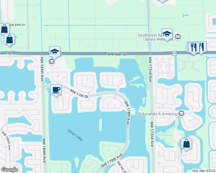 map of restaurants, bars, coffee shops, grocery stores, and more near 17880 Northwest 19th Street in Pembroke Pines