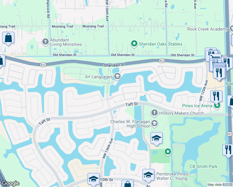 map of restaurants, bars, coffee shops, grocery stores, and more near 13293 Northwest 18th Court in Pembroke Pines