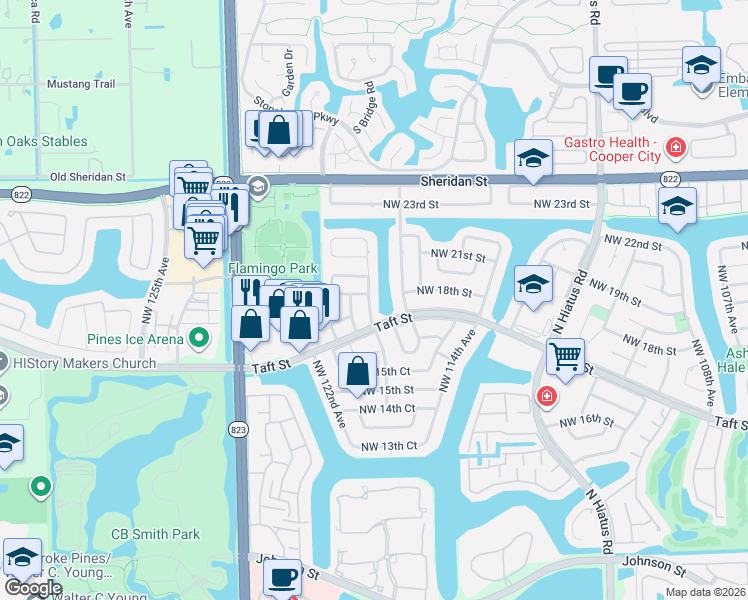 map of restaurants, bars, coffee shops, grocery stores, and more near 1811 Northwest 119th Avenue in Pembroke Pines