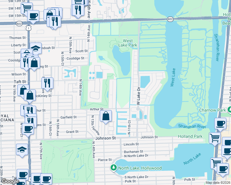 map of restaurants, bars, coffee shops, grocery stores, and more near 1451 North 12th Court in Hollywood