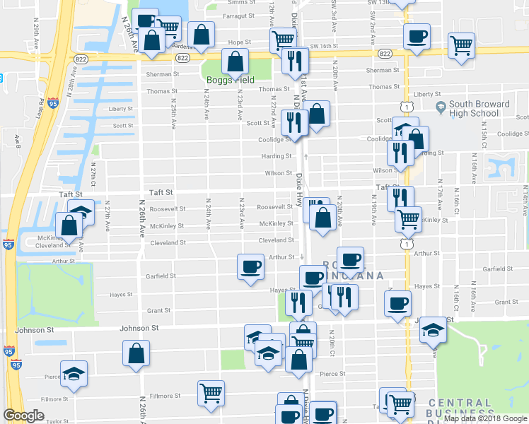 map of restaurants, bars, coffee shops, grocery stores, and more near 2232 Roosevelt Street in Hollywood