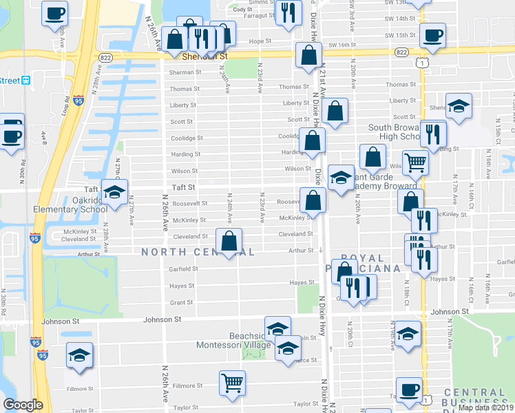 map of restaurants, bars, coffee shops, grocery stores, and more near 2318 Roosevelt Street in Hollywood