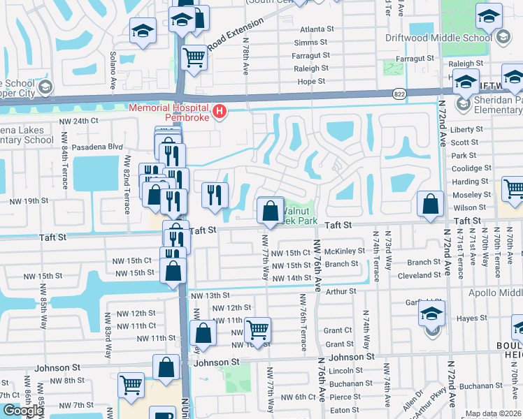 map of restaurants, bars, coffee shops, grocery stores, and more near 7793 Northwest 17th Court in Pembroke Pines