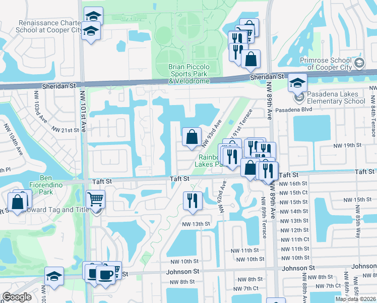 map of restaurants, bars, coffee shops, grocery stores, and more near 9341 Northwest 19th Street in Pembroke Pines