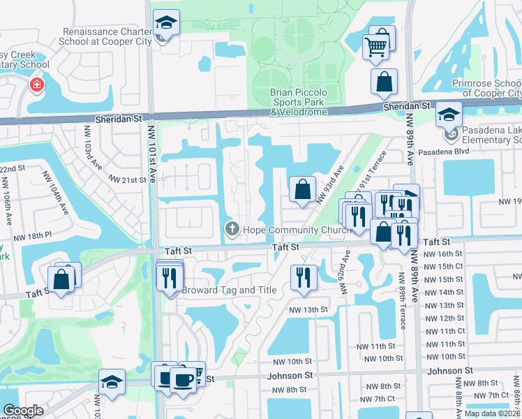 map of restaurants, bars, coffee shops, grocery stores, and more near 1851 Northwest 96th Terrace in Pembroke Pines