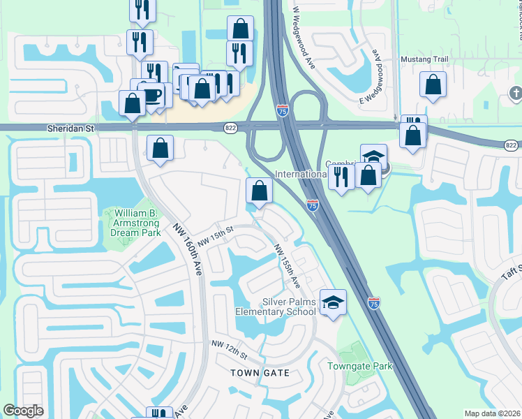 map of restaurants, bars, coffee shops, grocery stores, and more near 15343 Northwest 14th Road in Pembroke Pines