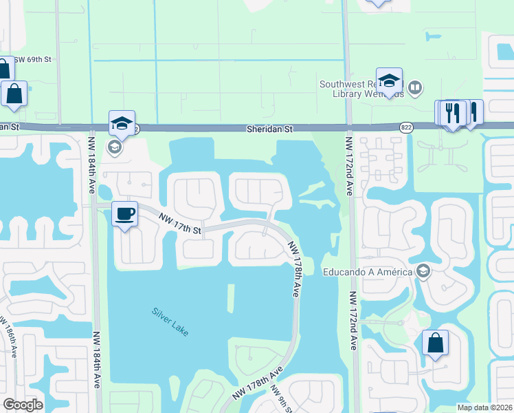 map of restaurants, bars, coffee shops, grocery stores, and more near 17880 Northwest 19th Street in Pembroke Pines