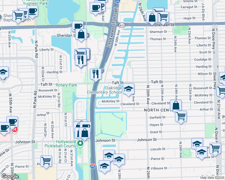 map of restaurants, bars, coffee shops, grocery stores, and more near 1614 North 28th Court in Hollywood