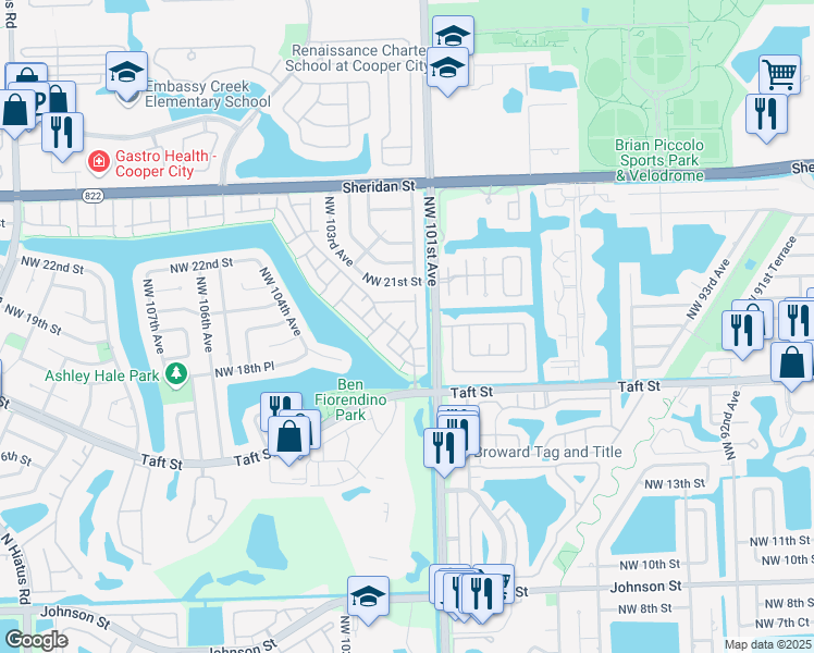 map of restaurants, bars, coffee shops, grocery stores, and more near 10170 Oleander Court in Pembroke Pines