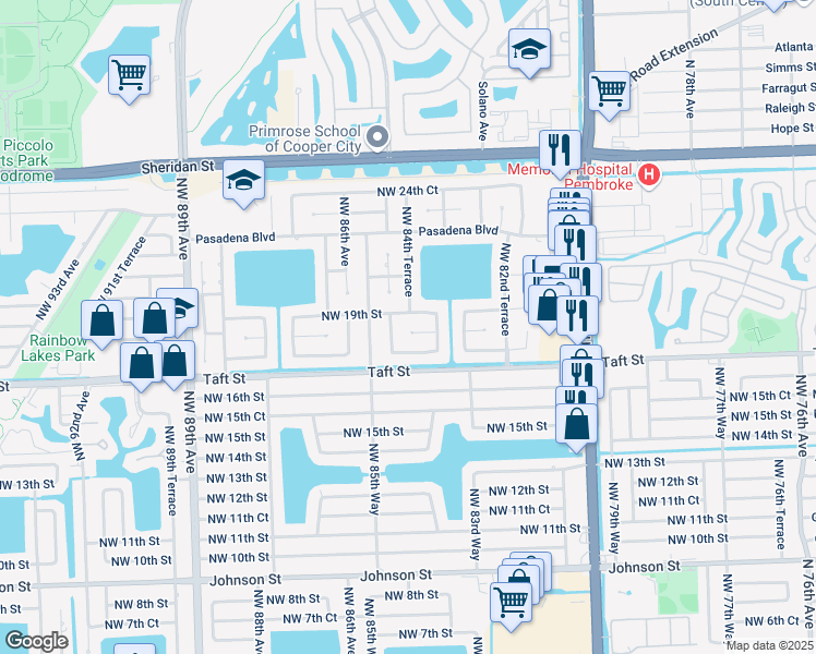 map of restaurants, bars, coffee shops, grocery stores, and more near 8441 Northwest 18th Street in Pembroke Pines