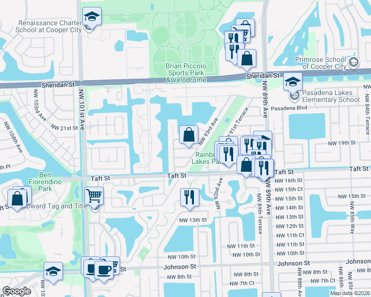 map of restaurants, bars, coffee shops, grocery stores, and more near 9341 Northwest 19th Street in Pembroke Pines