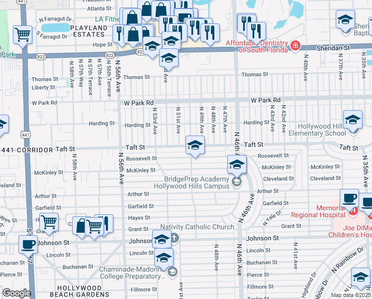 map of restaurants, bars, coffee shops, grocery stores, and more near 5006 Taft Street in Hollywood