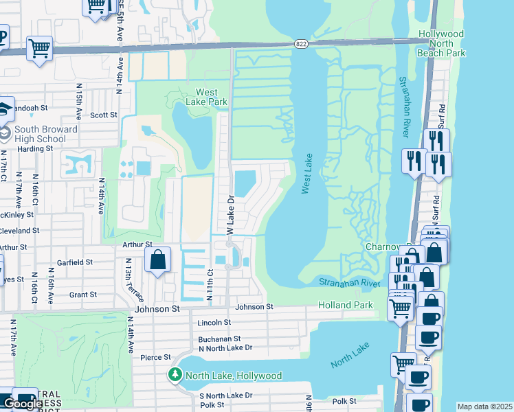 map of restaurants, bars, coffee shops, grocery stores, and more near 1529 Yellowheart Way in Hollywood