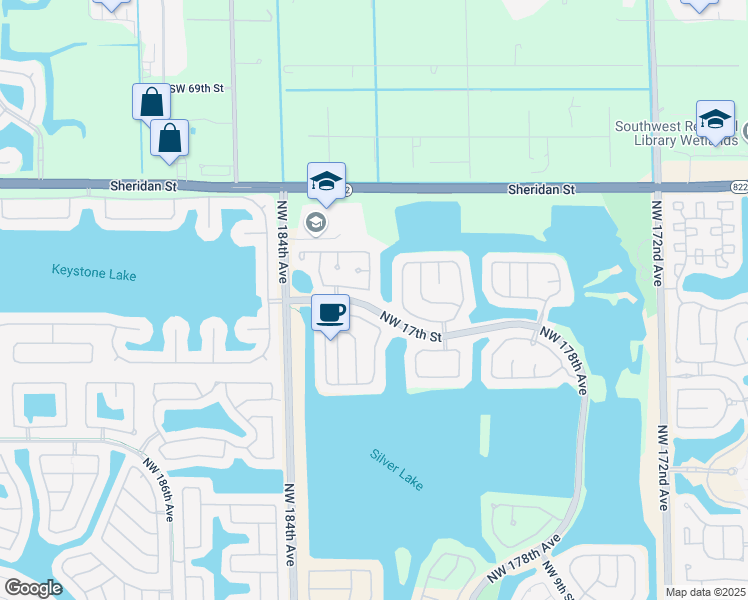 map of restaurants, bars, coffee shops, grocery stores, and more near 18200 Northwest 19th Street in Pembroke Pines