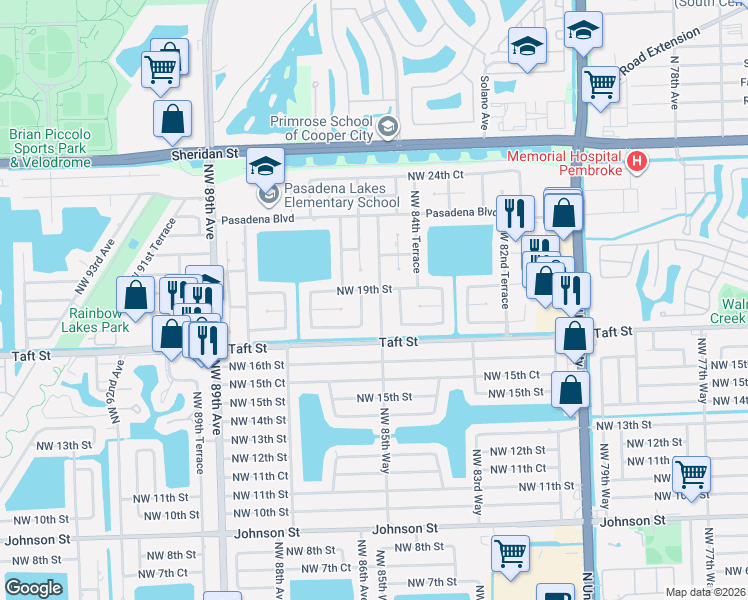 map of restaurants, bars, coffee shops, grocery stores, and more near 1810 Northwest 85th Way in Pembroke Pines