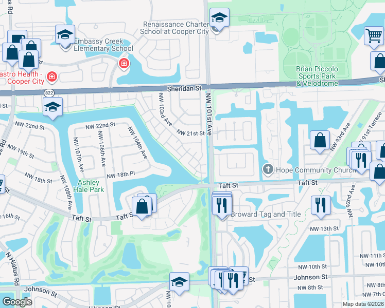 map of restaurants, bars, coffee shops, grocery stores, and more near 10170 Oleander Court in Pembroke Pines