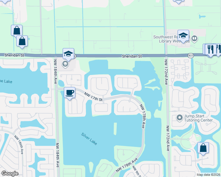 map of restaurants, bars, coffee shops, grocery stores, and more near 1921 Northwest 180th Way in Pembroke Pines