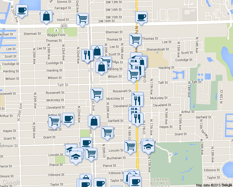 map of restaurants, bars, coffee shops, grocery stores, and more near 1936 Roosevelt Street in Hollywood