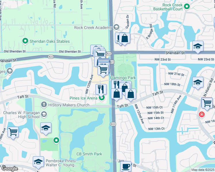 map of restaurants, bars, coffee shops, grocery stores, and more near 12402 Northwest 18th Court in Pembroke Pines