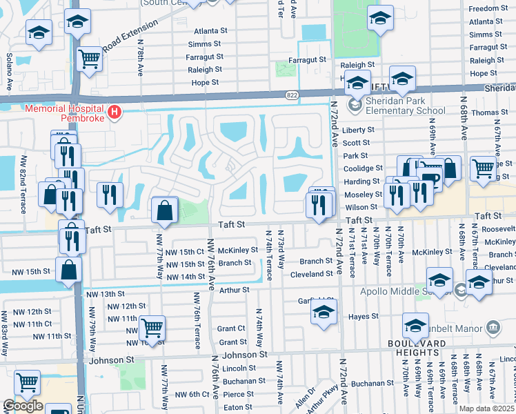 map of restaurants, bars, coffee shops, grocery stores, and more near 1813 North 74th Way in Hollywood