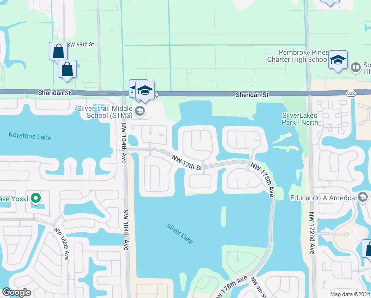 map of restaurants, bars, coffee shops, grocery stores, and more near 1827 Northwest 182nd Avenue in Pembroke Pines