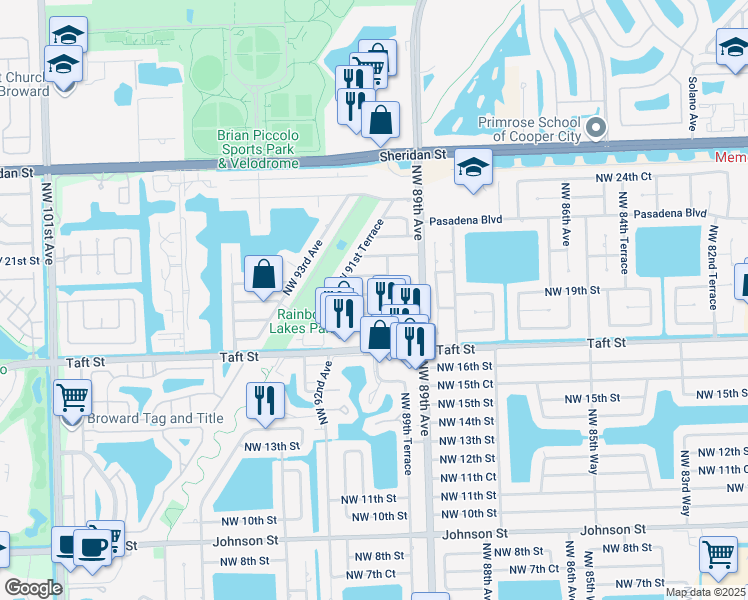 map of restaurants, bars, coffee shops, grocery stores, and more near 9020 Northwest 19th Street in Pembroke Pines