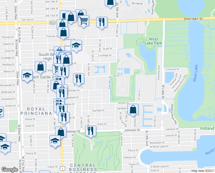 map of restaurants, bars, coffee shops, grocery stores, and more near 1545 North 14th Terrace in Hollywood