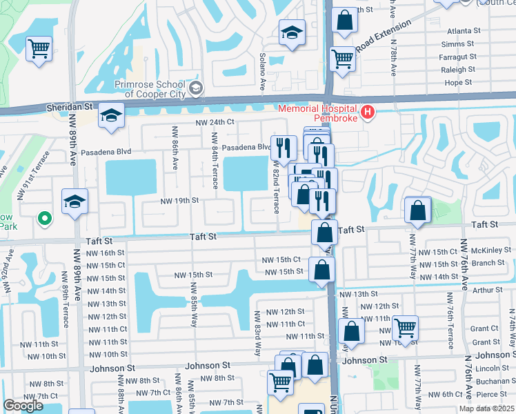 map of restaurants, bars, coffee shops, grocery stores, and more near 8331 Northwest 18th Street in Pembroke Pines