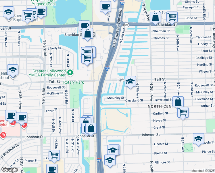 map of restaurants, bars, coffee shops, grocery stores, and more near 1619 North 29th Court in Hollywood