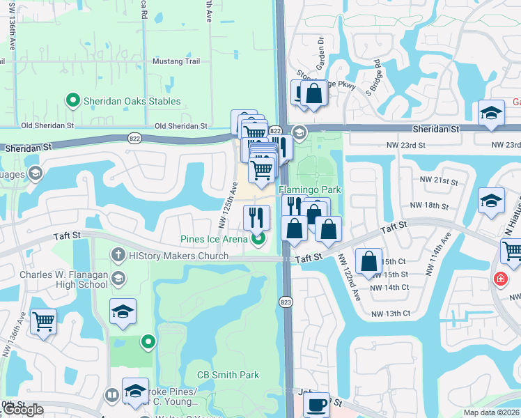 map of restaurants, bars, coffee shops, grocery stores, and more near 12444 Northwest 18th Court in Pembroke Pines