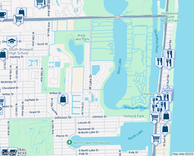 map of restaurants, bars, coffee shops, grocery stores, and more near 1521 Seagrape Way in Hollywood