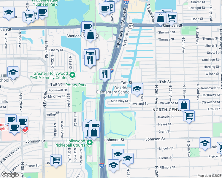map of restaurants, bars, coffee shops, grocery stores, and more near 3009 Taft Street in Hollywood