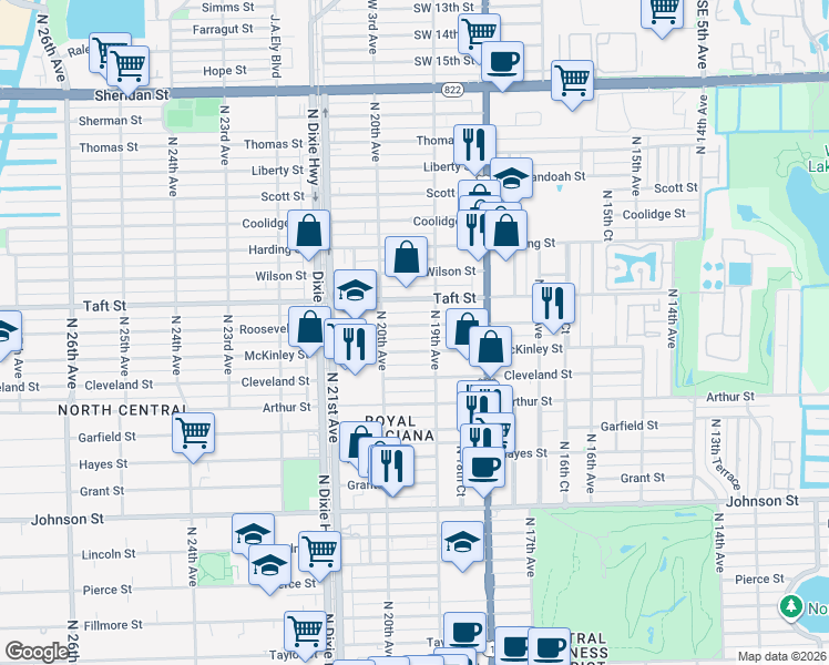map of restaurants, bars, coffee shops, grocery stores, and more near 1936 Roosevelt Street in Hollywood