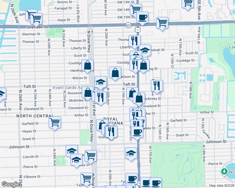 map of restaurants, bars, coffee shops, grocery stores, and more near 1936 Roosevelt Street in Hollywood