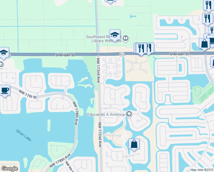 map of restaurants, bars, coffee shops, grocery stores, and more near 17093 Northwest 20th Street in Pembroke Pines