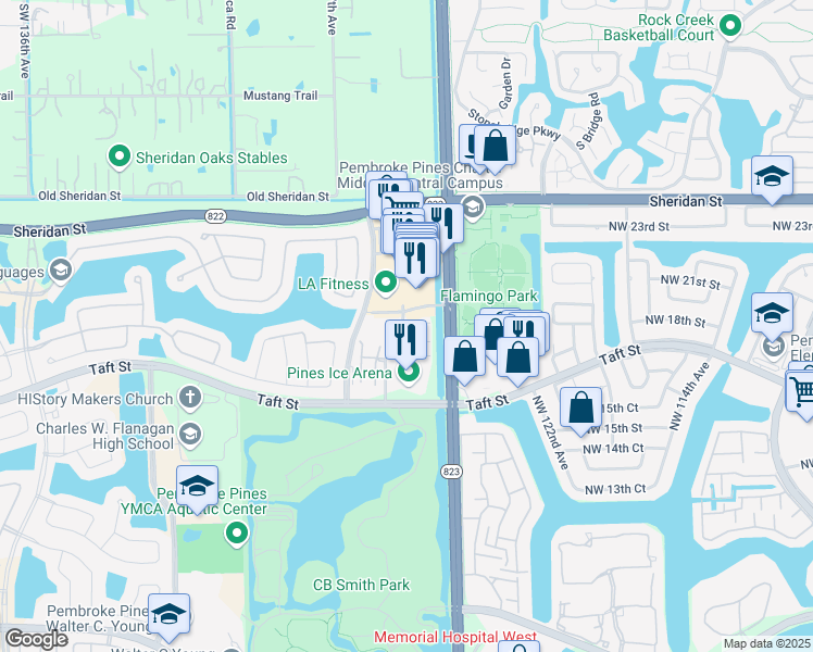 map of restaurants, bars, coffee shops, grocery stores, and more near 12444 Northwest 18th Court in Pembroke Pines