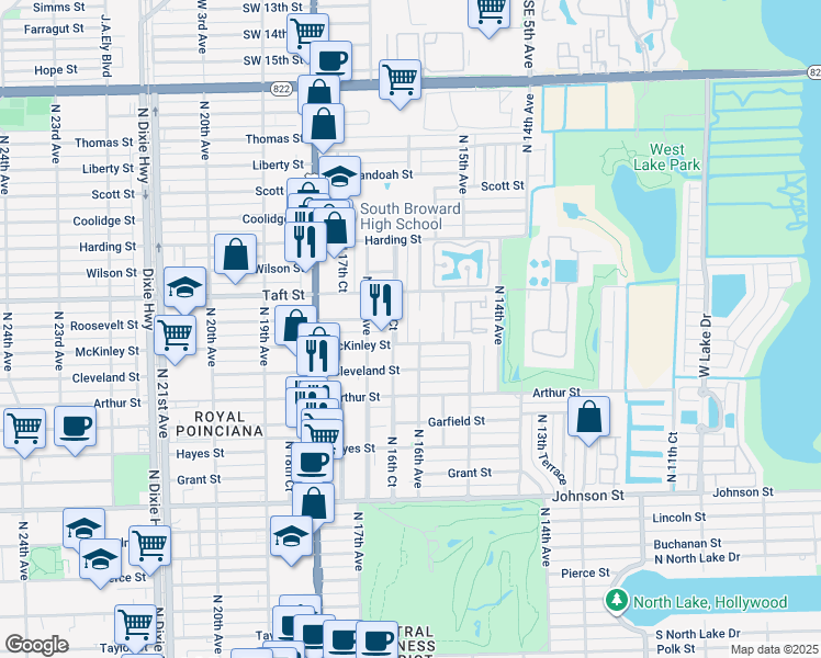 map of restaurants, bars, coffee shops, grocery stores, and more near 1600 Taft Street in Hollywood