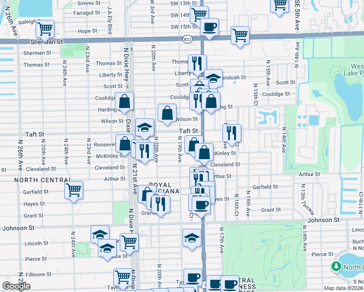 map of restaurants, bars, coffee shops, grocery stores, and more near 1840 Roosevelt Street in Hollywood