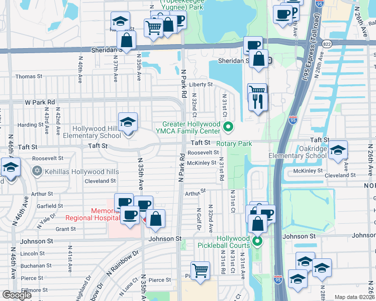 map of restaurants, bars, coffee shops, grocery stores, and more near 1607 North Park Road in Hollywood